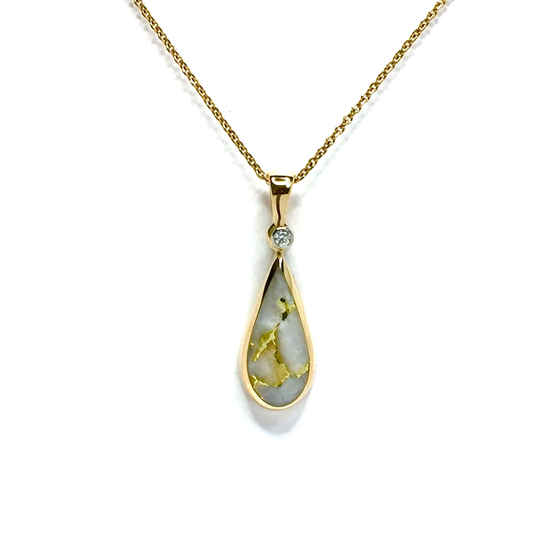 Gold Quartz Necklace Tear Drop Inlaid Pendant made of 14k Yellow gold with a .02ct Diamond