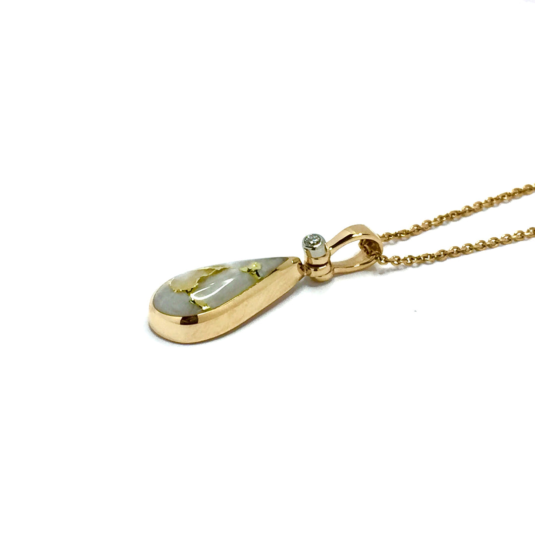 Gold Quartz Necklace Tear Drop Inlaid Pendant made of 14k Yellow gold with a .02ct Diamond