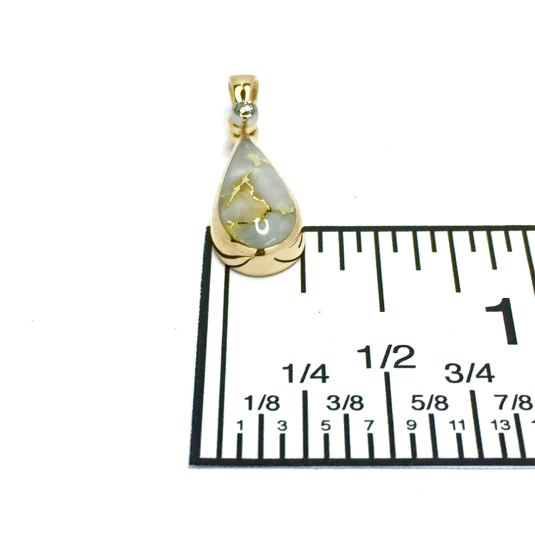Gold Quartz Necklace Tear Drop Inlaid Pendant made of 14k Yellow gold with a .02ct Diamond