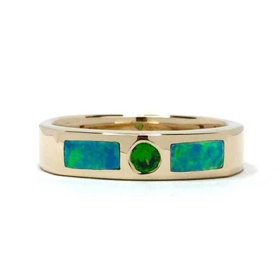 14k yellow gold natural Australian opal rings 2 section inlaid design with round tsavorite