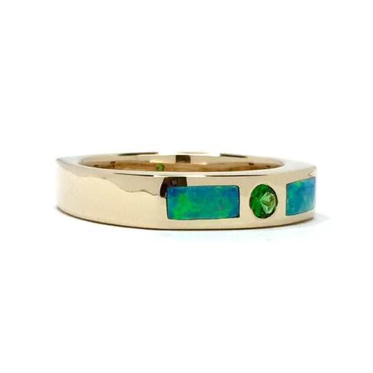 14k yellow gold natural Australian opal rings 2 section inlaid design with round tsavorite