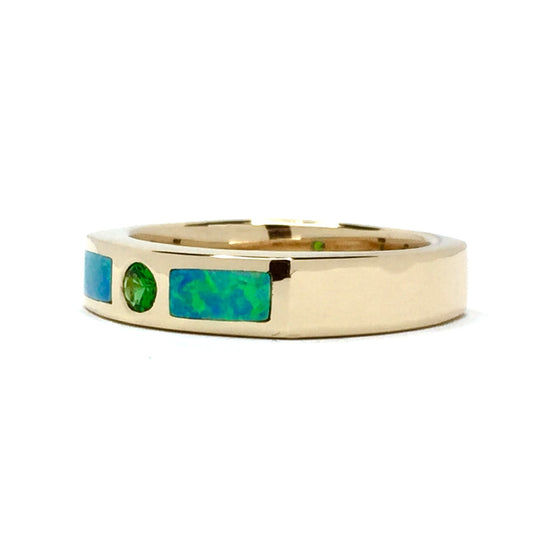 14k yellow gold natural Australian opal rings 2 section inlaid design with round tsavorite
