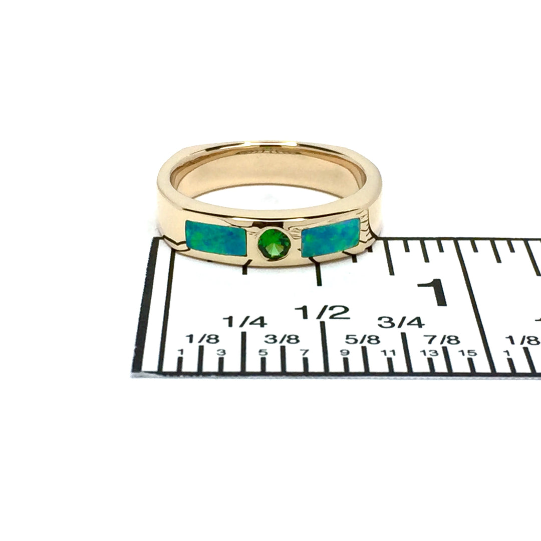 14k yellow gold natural Australian opal rings 2 section inlaid design with round tsavorite