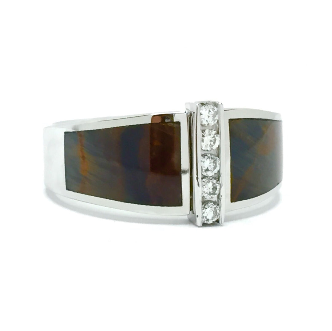 Natural Pietersite Inlaid ring with .19ctw round diamonds 14k white gold
