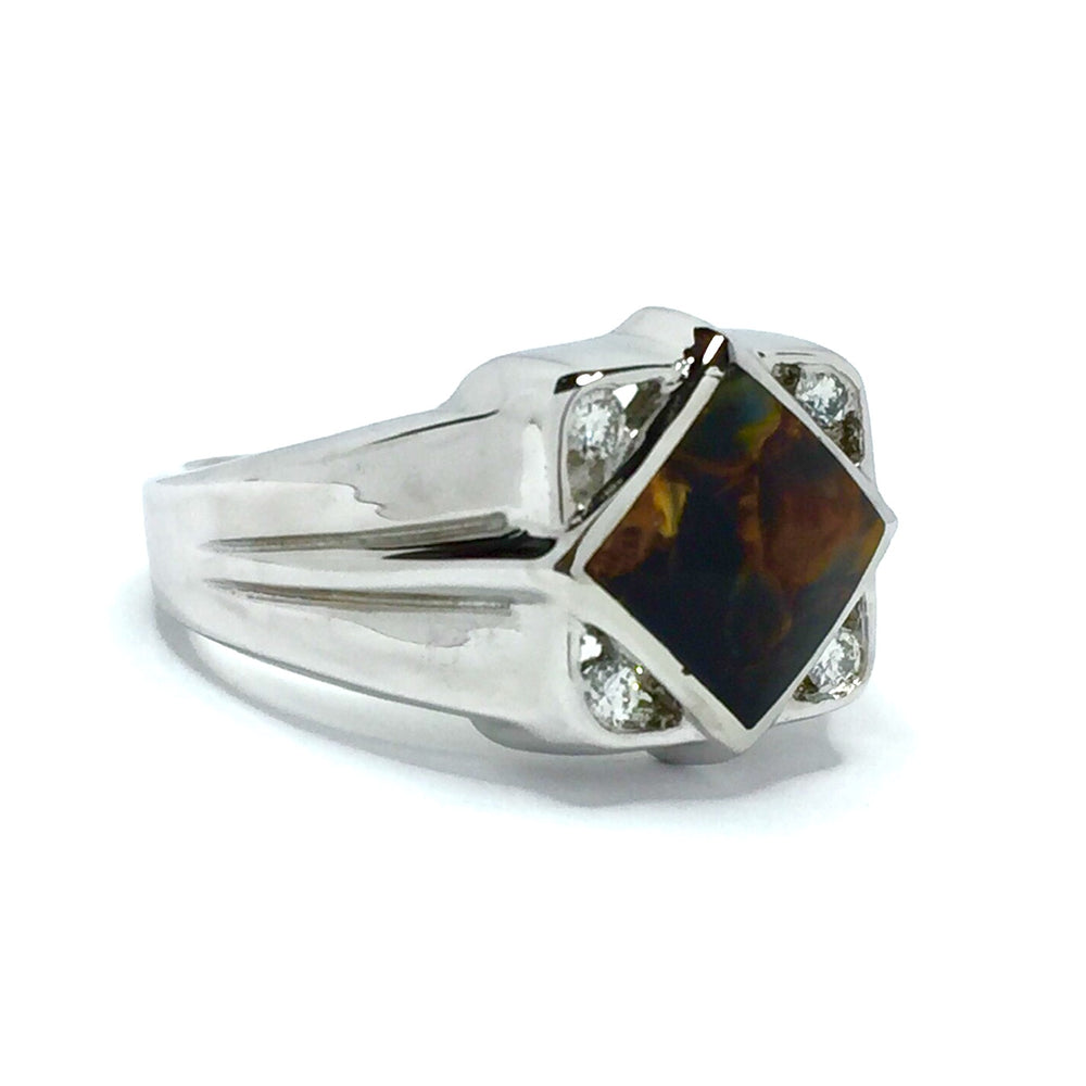 Natural pietersite ring diamond shape inlaid design with .16ctw round diamonds