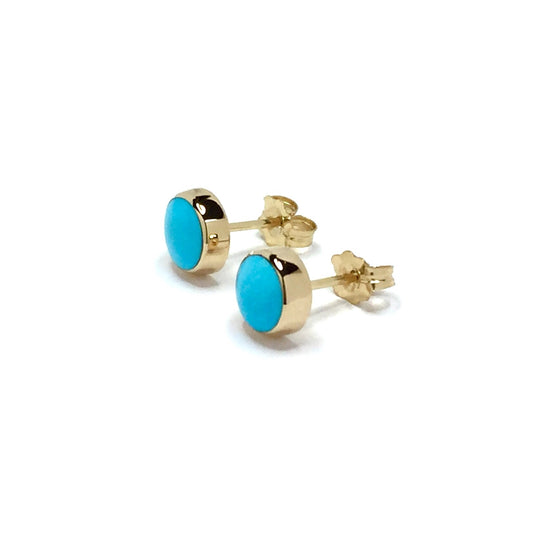 Round Turquoise Stud Earrings 14k Yellow Gold