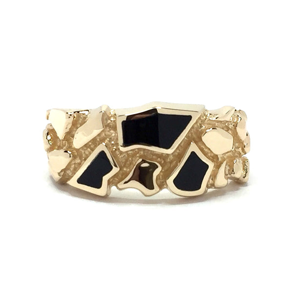 Onyx Ring Nugget Design 3 Section Inlaid 14k Yellow Gold