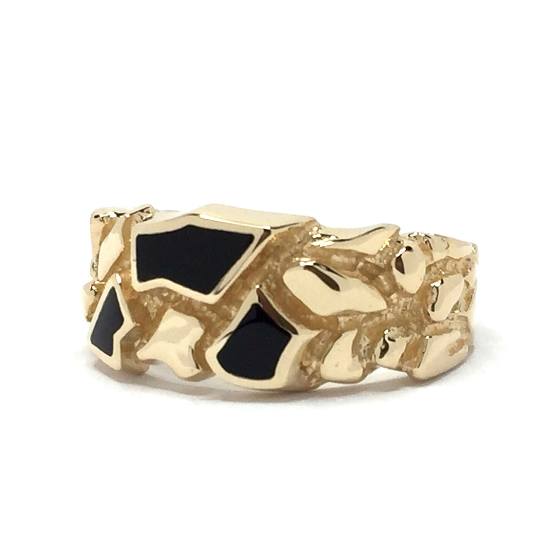 Onyx Ring Nugget Design 3 Section Inlaid 14k Yellow Gold