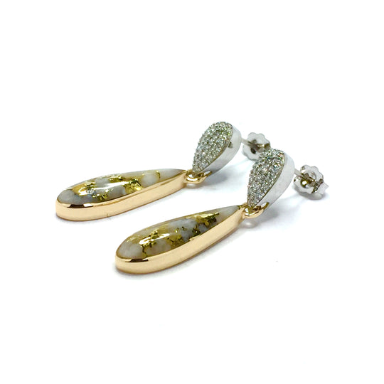 Gold Quartz Earrings Tear Drop Inlaid with .22ctw Pave Round Diamonds