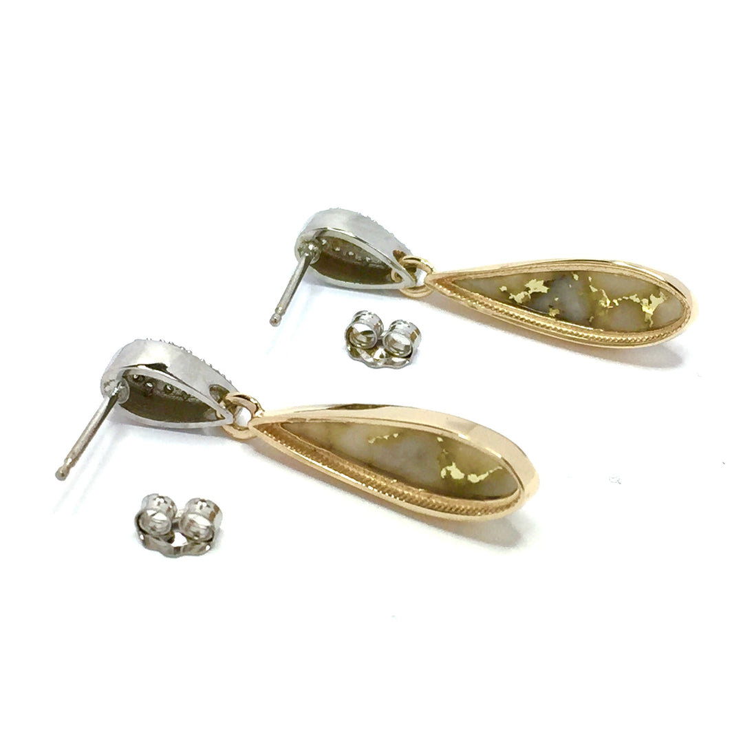 Gold Quartz Earrings Tear Drop Inlaid with .22ctw Pave Round Diamonds