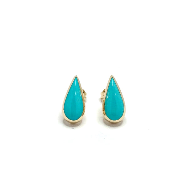 Turquoise Earrings Tear Drop Inlaid Design 14k Yellow Gold