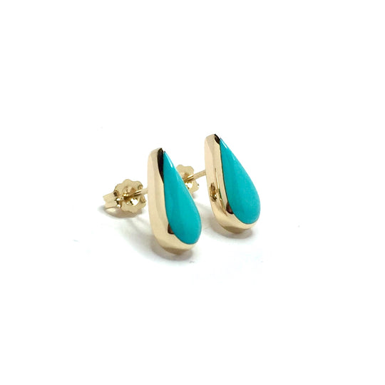 Turquoise Earrings Tear Drop Inlaid Design 14k Yellow Gold