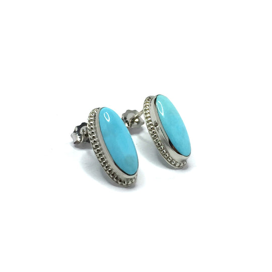 Turquoise Earrings Oval Cabochon Milgrain Design 14k White Gold