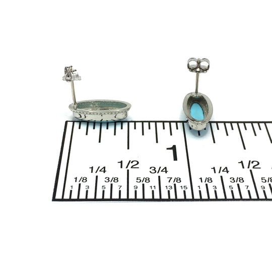 Turquoise Earrings Oval Cabochon Milgrain Design 14k White Gold