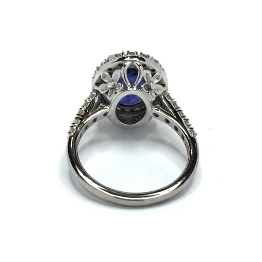 Natural Tanzanite Oval Checkerboard Faceted Halo Diamond Ring 14k White Gold