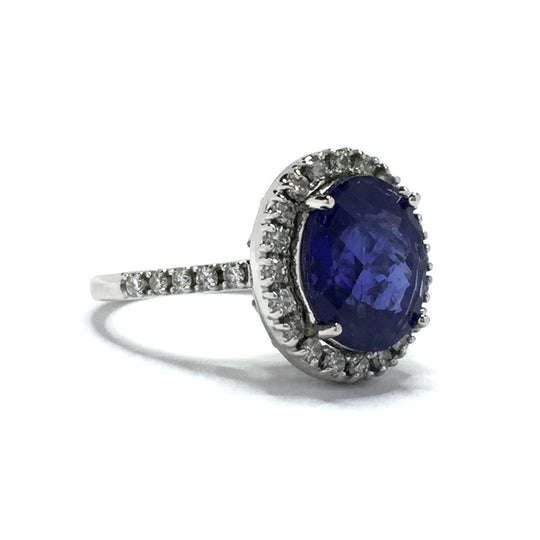 Natural Tanzanite Oval Checkerboard Faceted Halo Diamond Ring 14k White Gold