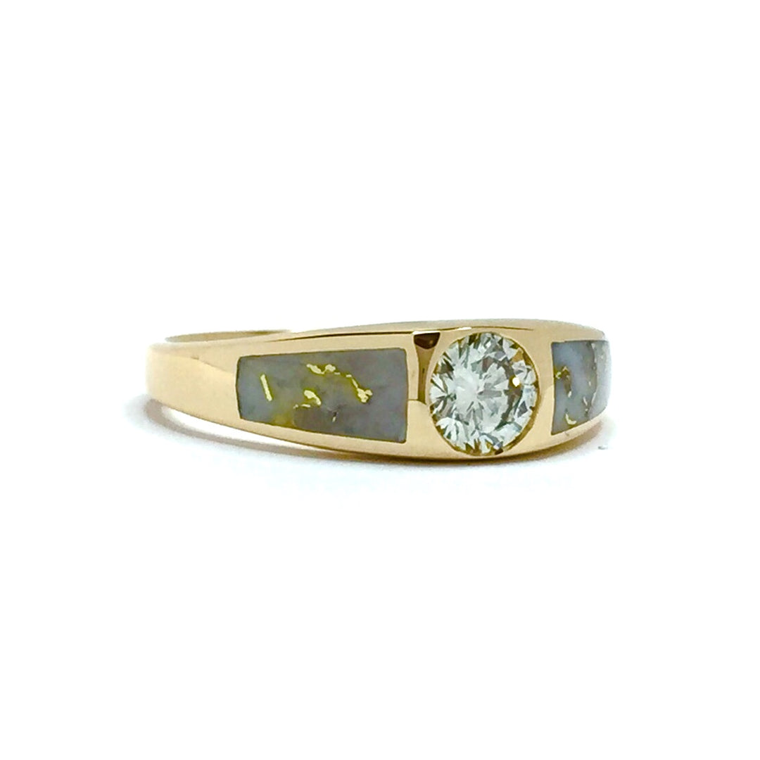 Gold Quartz Ring Double Sided Inlaid .52ct Round Diamond 14k Yellow Gold