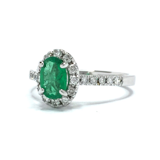 Oval Natural Emerald Round Diamonds Halo Ring 14k White Gold