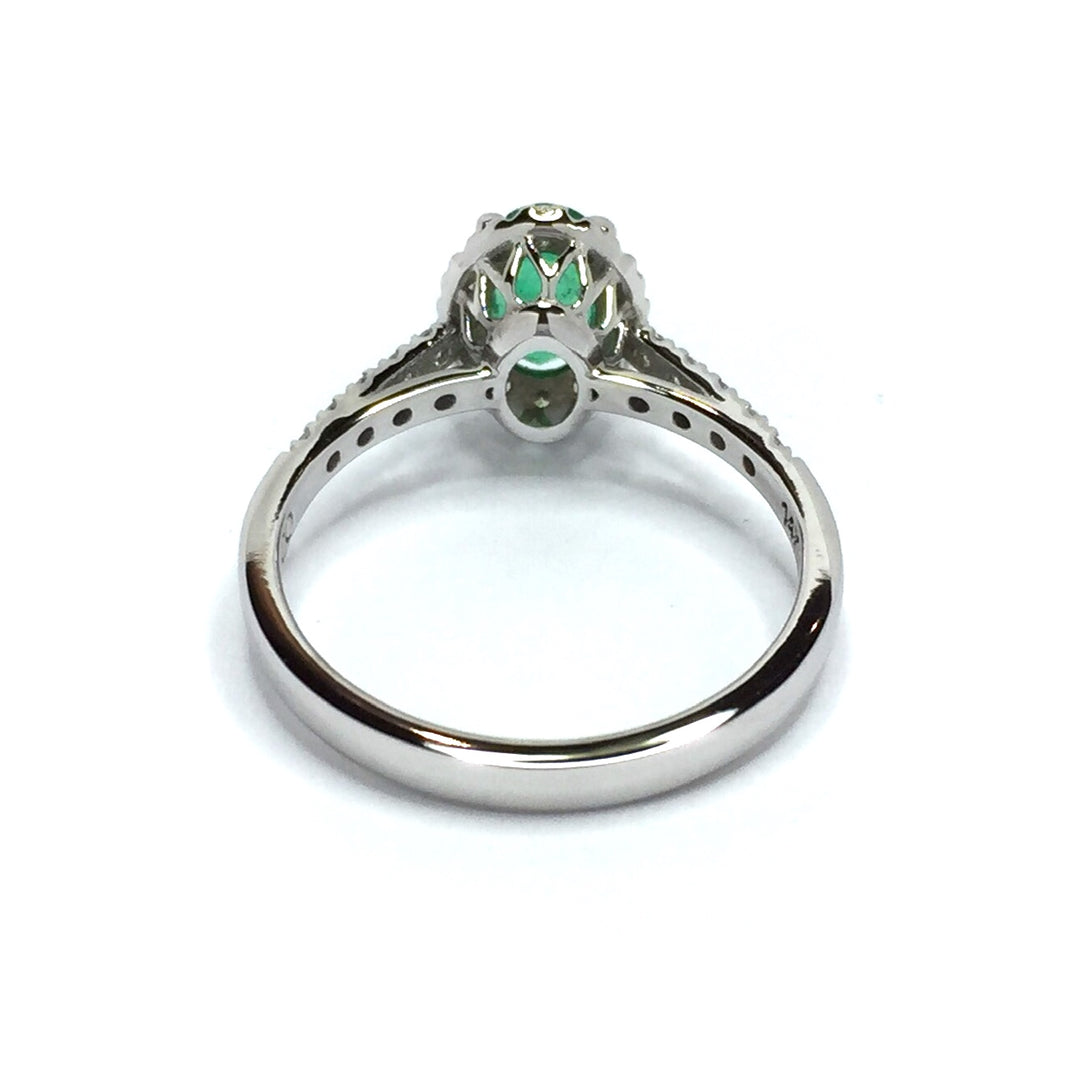 Oval Natural Emerald Round Diamonds Halo Ring 14k White Gold