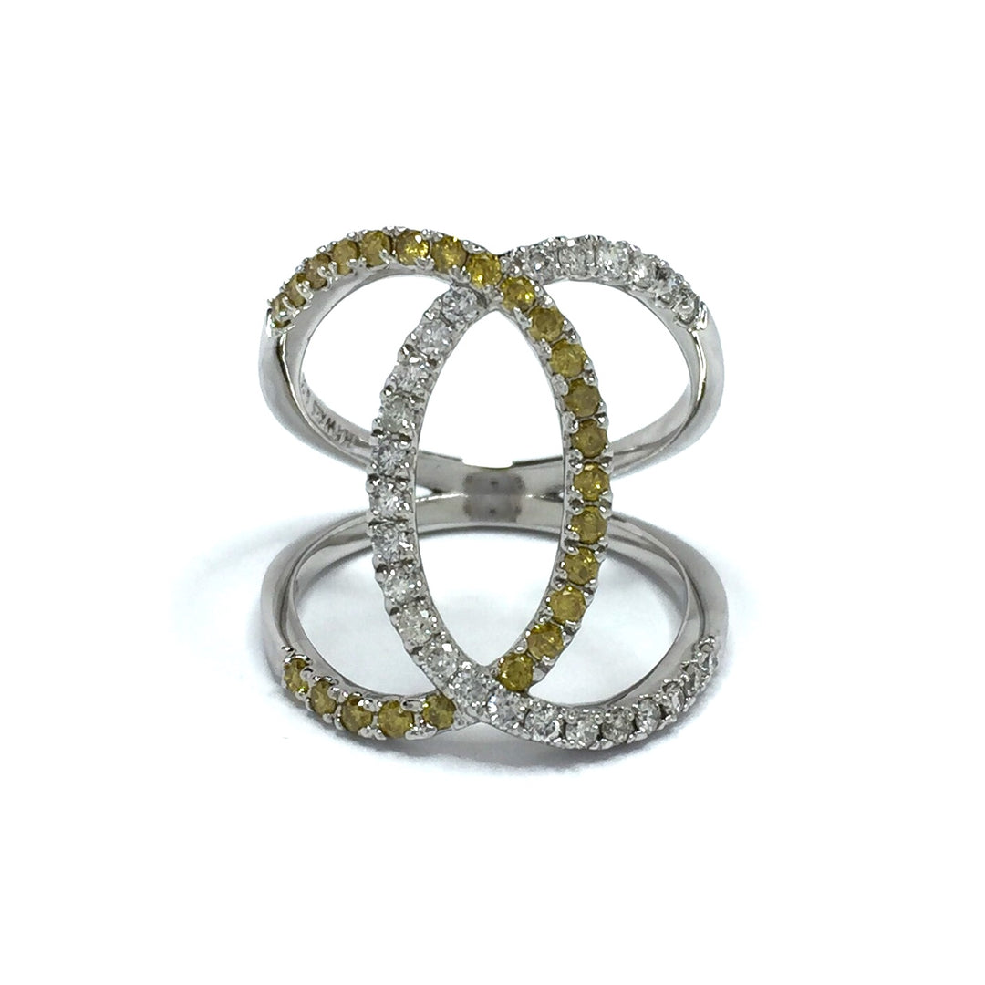 Yellow and White Diamond Wide Open Bypass Ring 14k White Gold