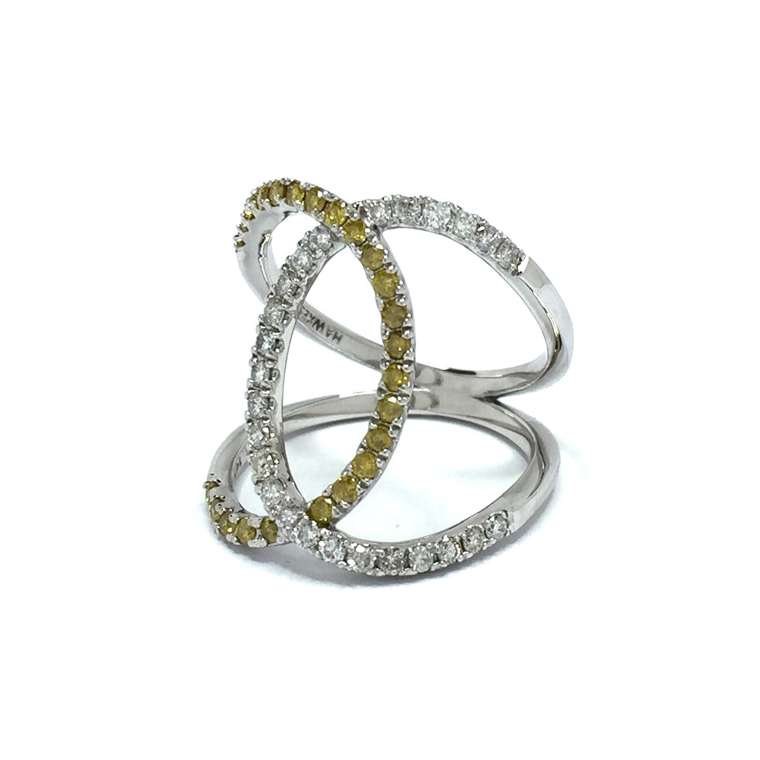 Yellow and White Diamond Wide Open Bypass Ring 14k White Gold
