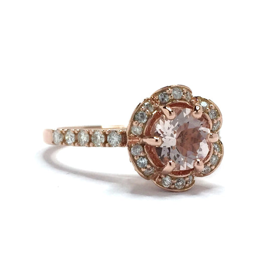 Round Morganite Rose Flower Diamond Halo Ring 14k Rose Gold
