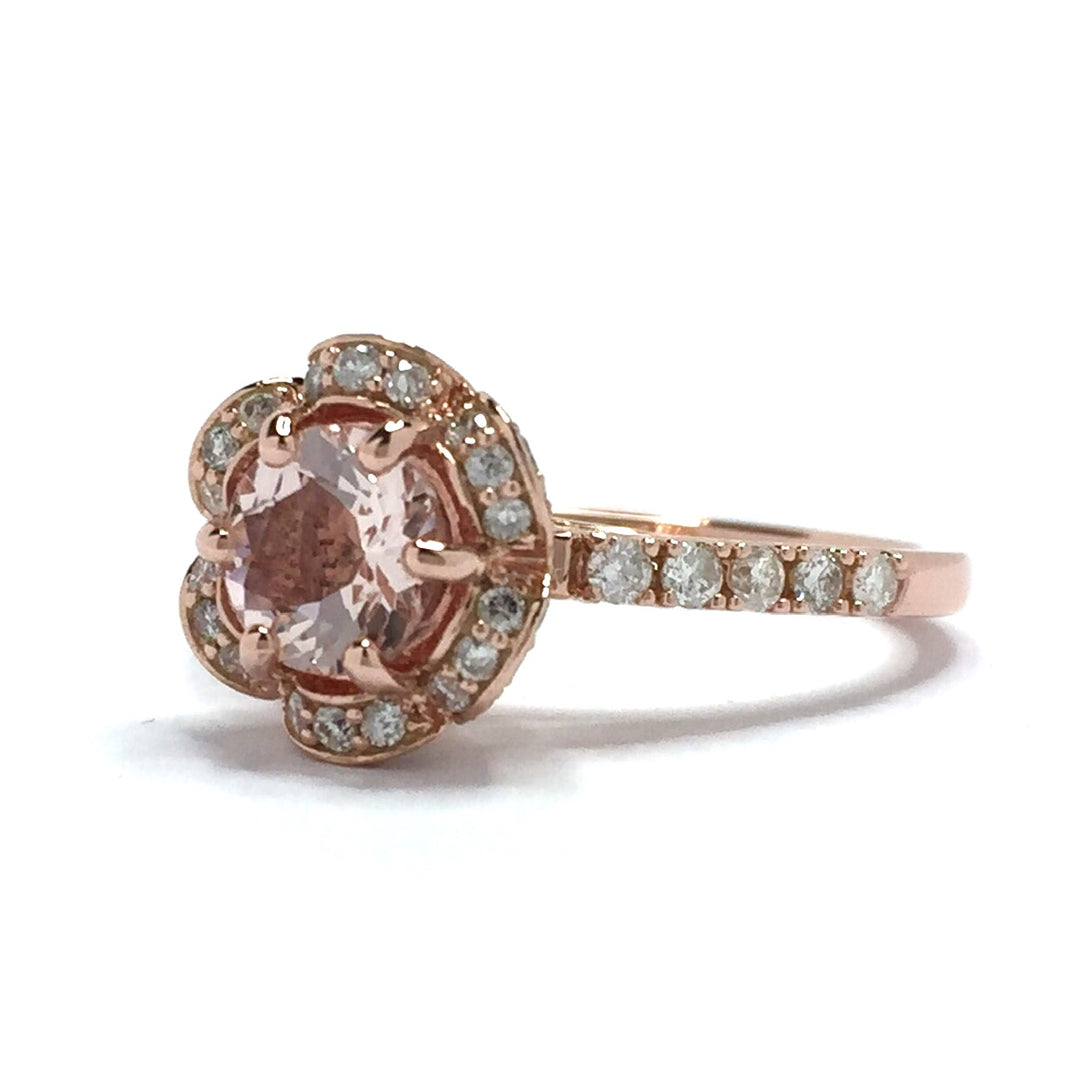 Round Morganite Rose Flower Diamond Halo Ring 14k Rose Gold