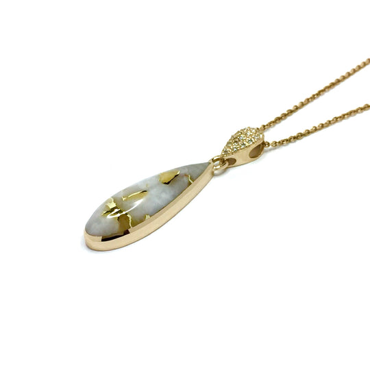 Gold Quartz Pendant Tear Drop Inlaid Design with .11ctw Pave Diamond Bail 14k Yellow Gold