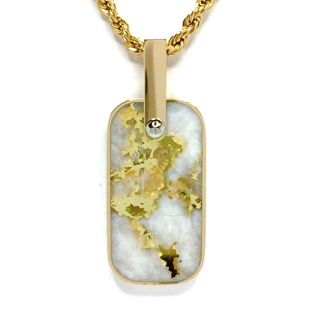 Gold quartz pendant dog tag cross inlaid design 14k yellow gold