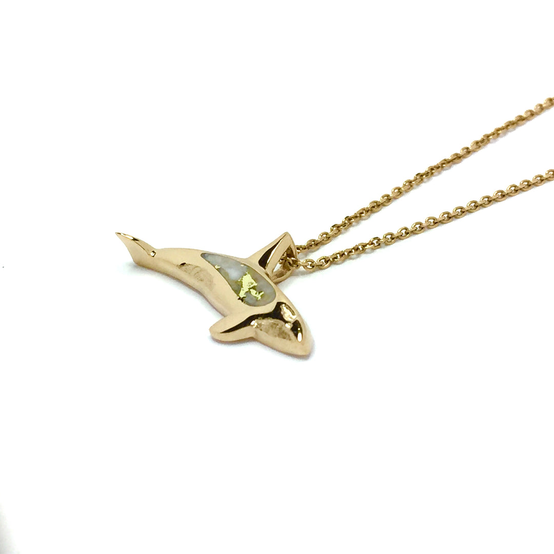 Gold quartz necklace sea life orca whale inlaid pendant made of 14k yellow gold