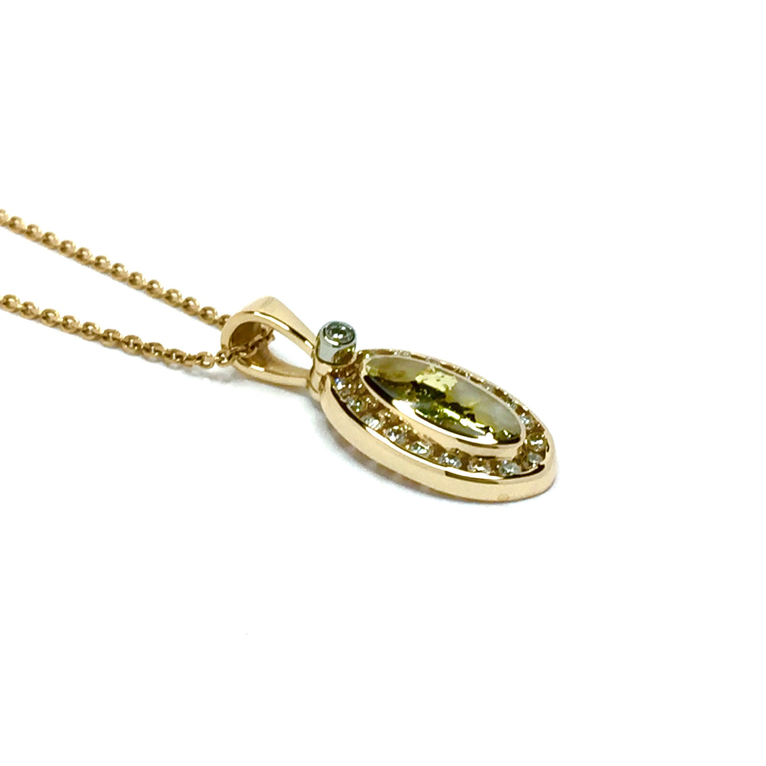 Gold quartz pendant oval inlaid design .22ctw round diamond halo 14k yellow gold