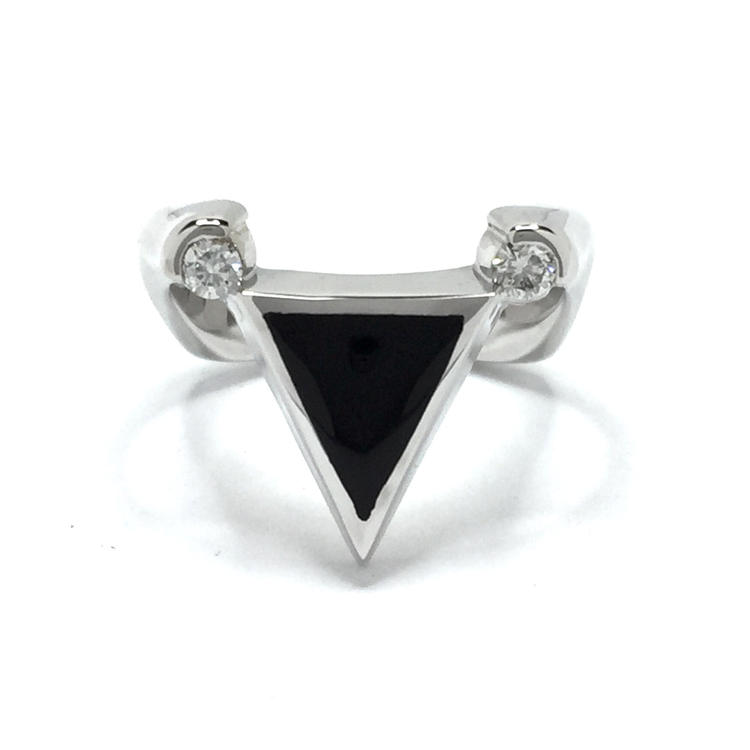 Onyx Ring Triangle Inlaid Design with .14ctw Round Diamonds 14K White Gold