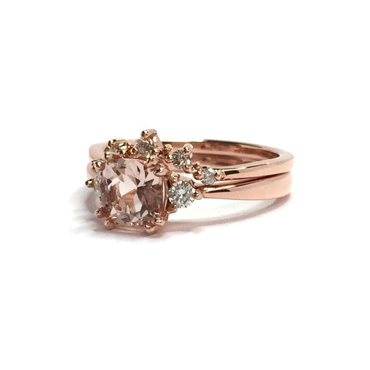 Cushion Cut Morganite and Diamond Three Stone Engagement Ring 14k Rose Gold