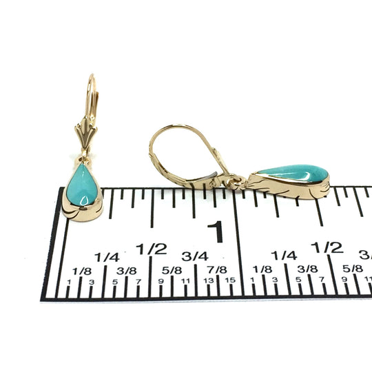 Sleeping Beauty Turquoise Tear Drop Inlaid Lever Back Earrings 14K Yellow Gold