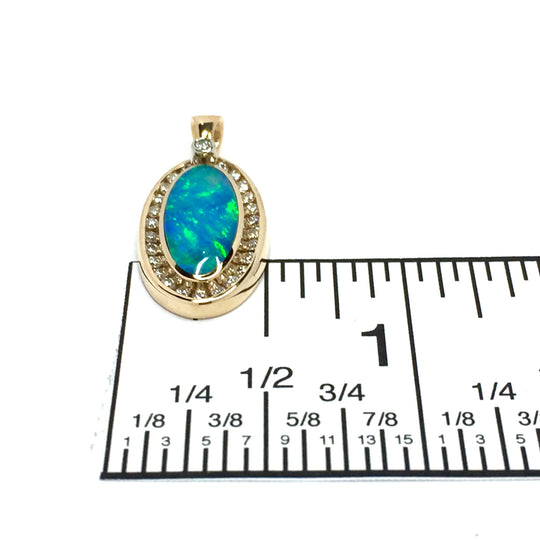 Natural Australian Opal Pendant Oval Inlaid Design .37ctw Round Diamonds Halo 14k Yellow Gold