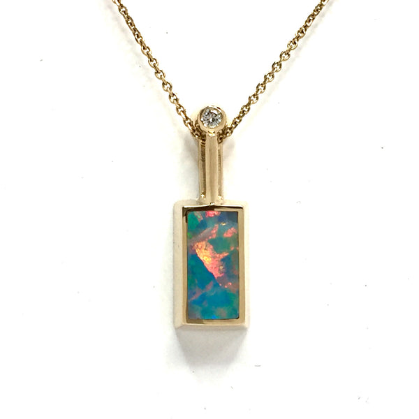 Natural opal pendant rectangle inlaid design with .04ctw diamond 14k yellow gold