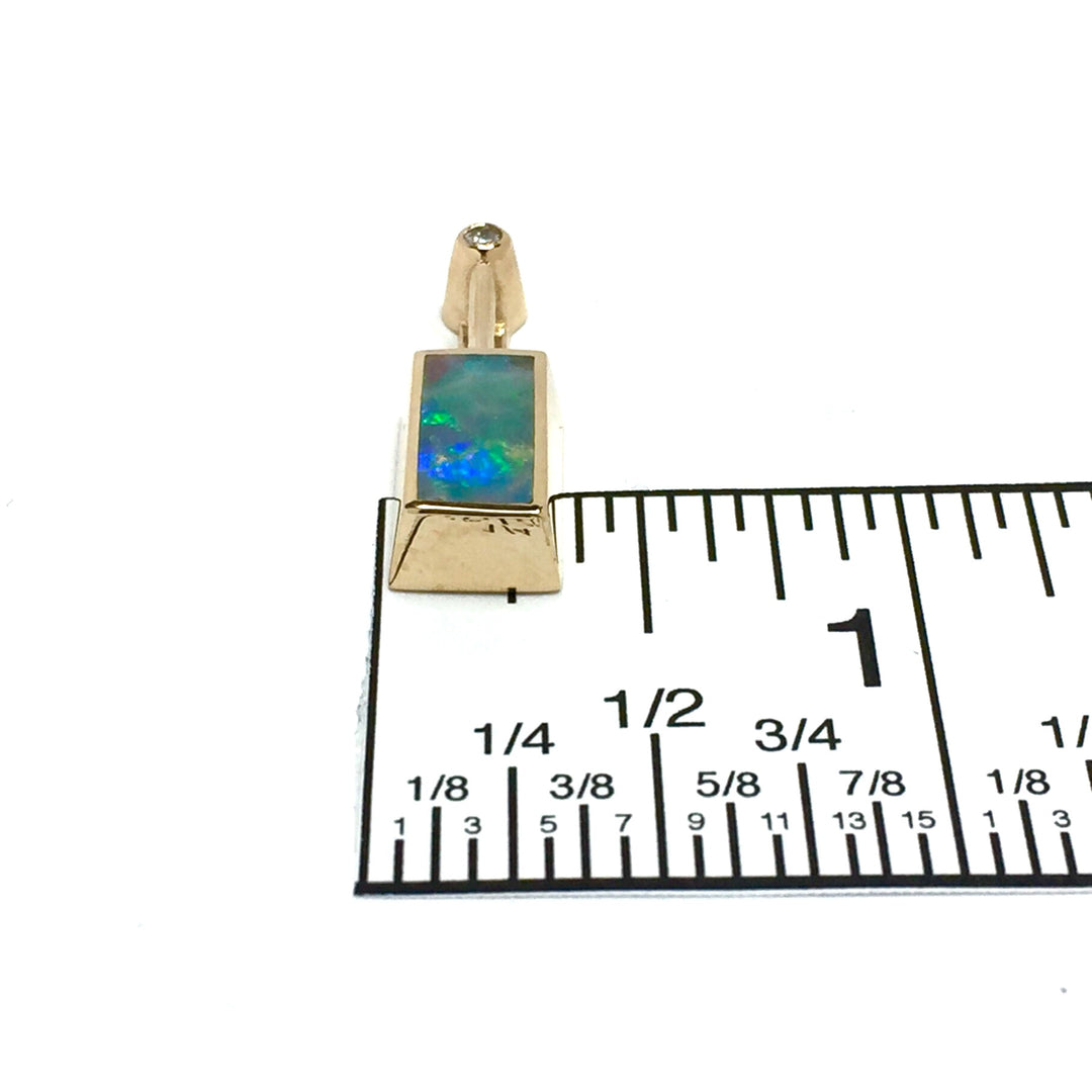Natural opal pendant rectangle inlaid design with .04ctw diamond 14k yellow gold