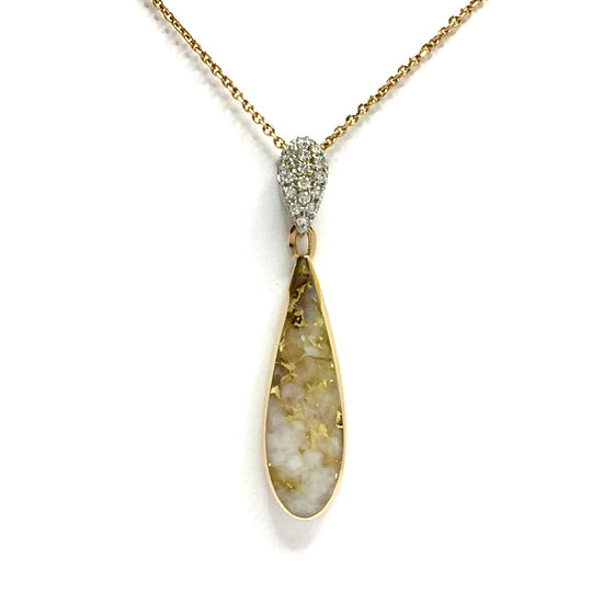 Gold quartz necklace tear drop inlaid design .11ctw diamond pave pendant 14k yellow gold