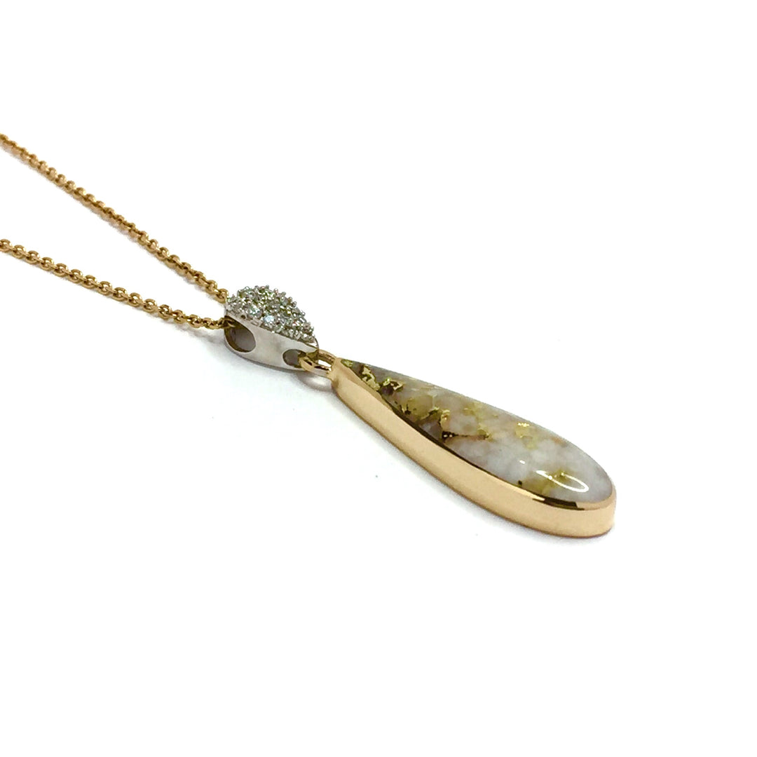 Gold quartz necklace tear drop inlaid design .11ctw diamond pave pendant 14k yellow gold
