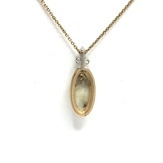 Gold quartz necklace oval inlaid fleur de lis pendant .02ct diamond 14k yellow gold