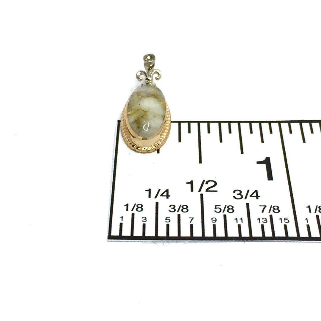 Gold quartz necklace oval inlaid fleur de lis pendant .02ct diamond 14k yellow gold
