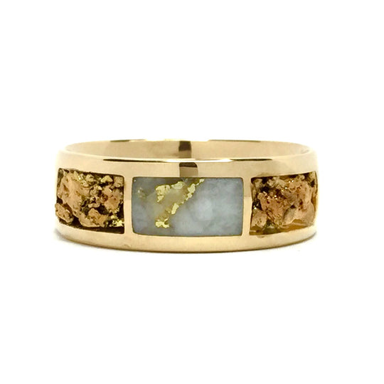 Gold Quartz Ring Rectangle Inlaid Center Natural Nugget Sides 14k Yellow Gold