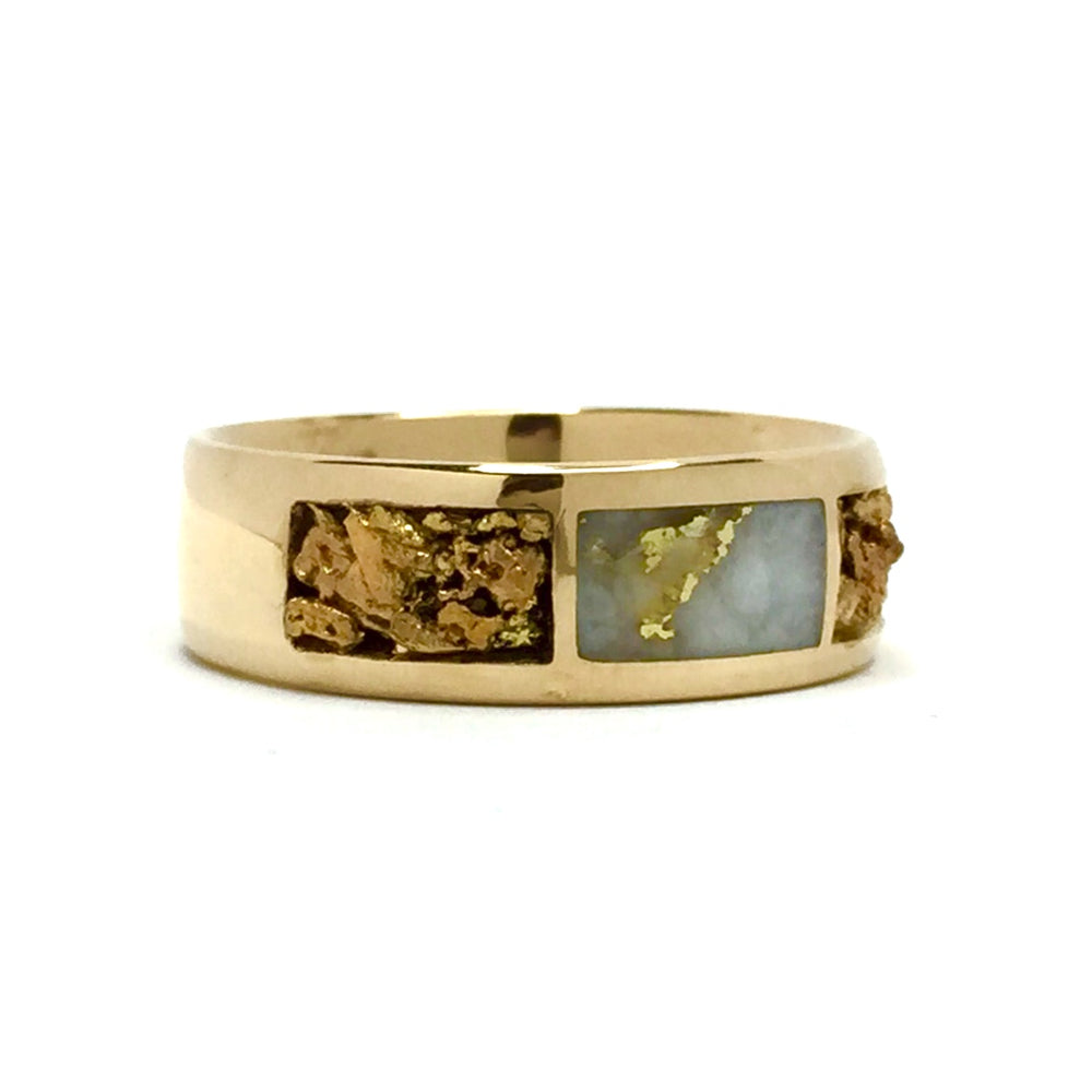 Gold Quartz Ring Rectangle Inlaid Center Natural Nugget Sides 14k Yellow Gold