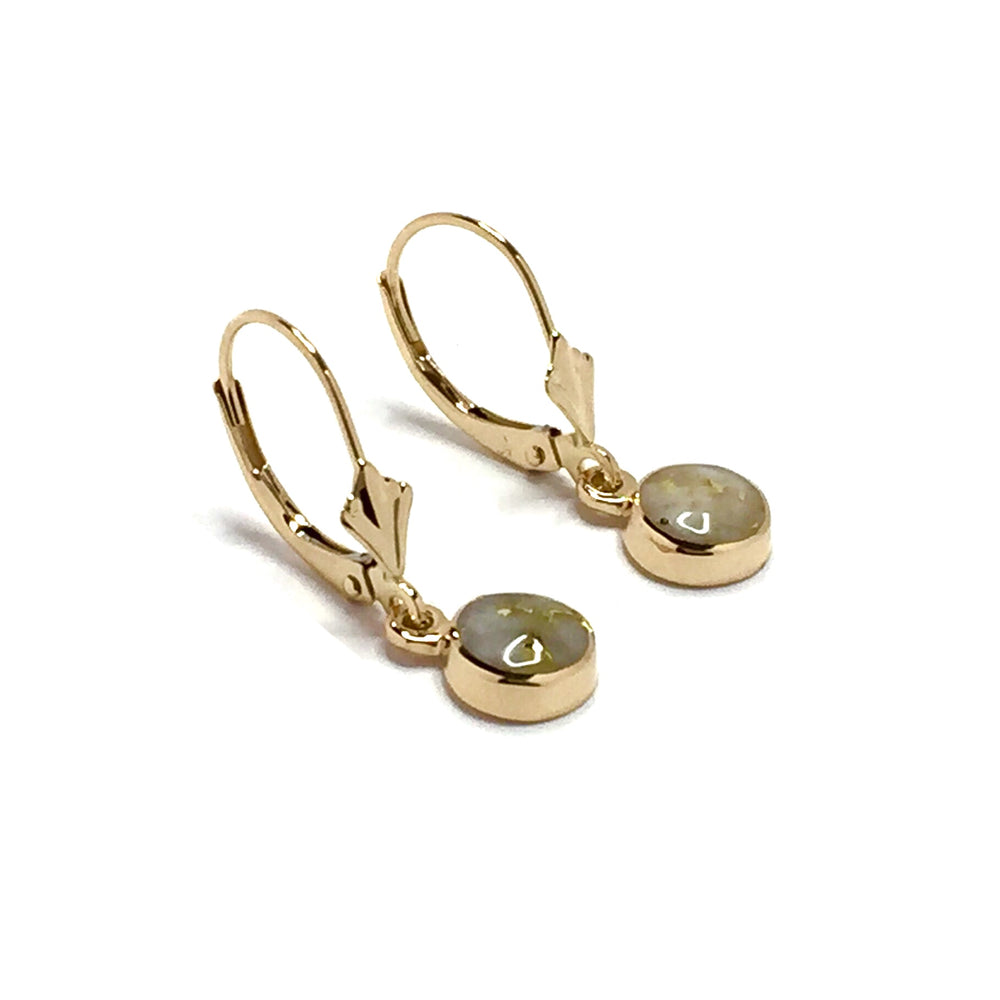 Gold quartz earrings round inlaid lever back design 14k yellow gold
