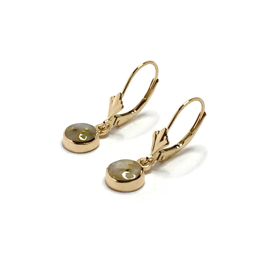 Gold quartz earrings round inlaid lever back design 14k yellow gold