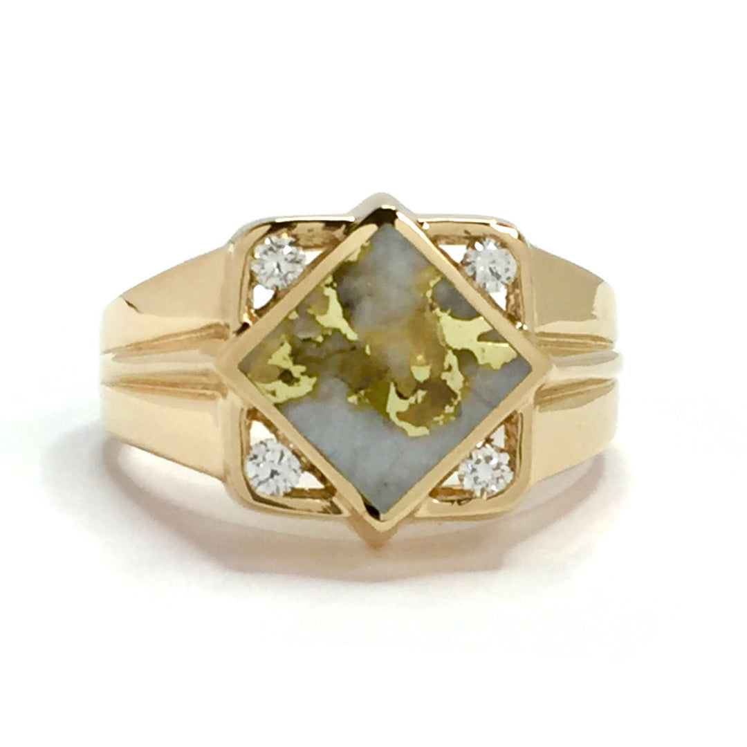 Gold Quartz Ring Diamond Shape Inlaid .16ctw Round Diamonds 14k Yellow Gold