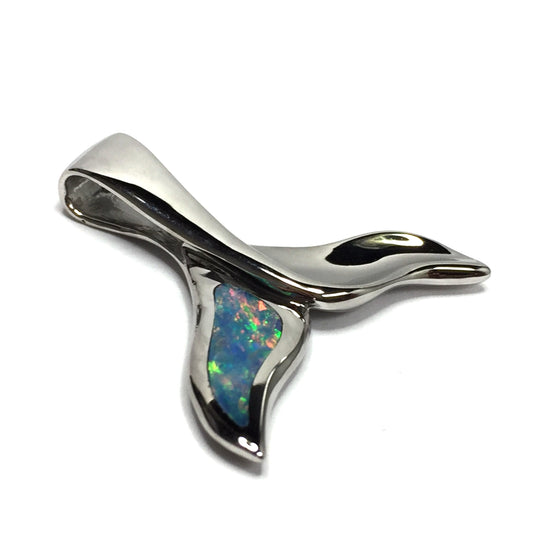 Whale Tail Necklaces Natural Australian Opal Single Side Inlaid Sea Life Pendant 14k White Gold