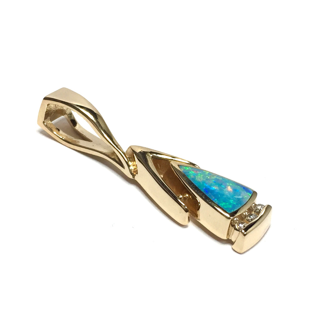 Opal pendant triangle inlaid design .06ctw round diamonds 14k yellow gold