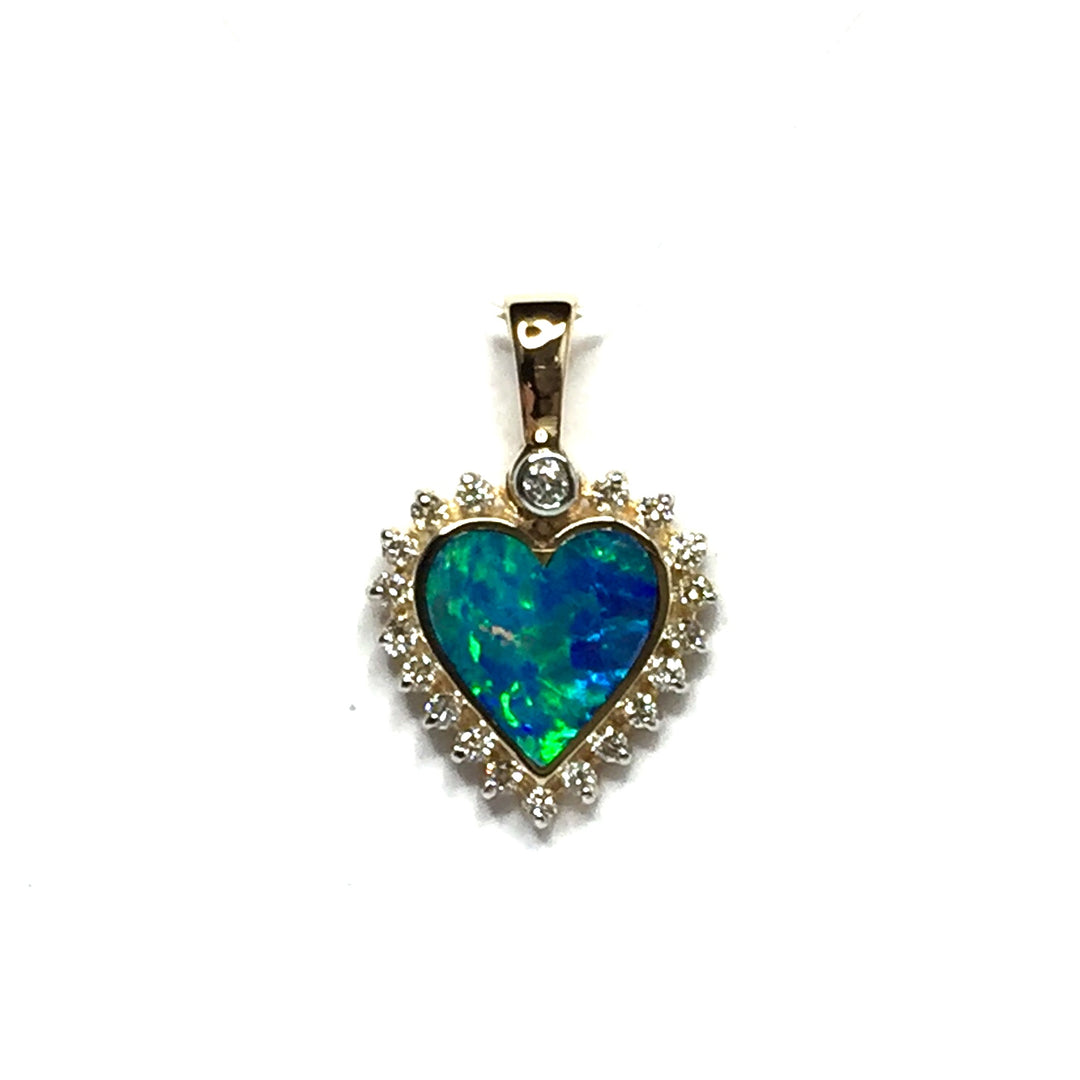Opal pendant heart shape inlaid design .21ctw round diamonds halo 14k yellow gold