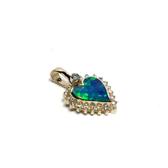 Opal pendant heart shape inlaid design .21ctw round diamonds halo 14k yellow gold